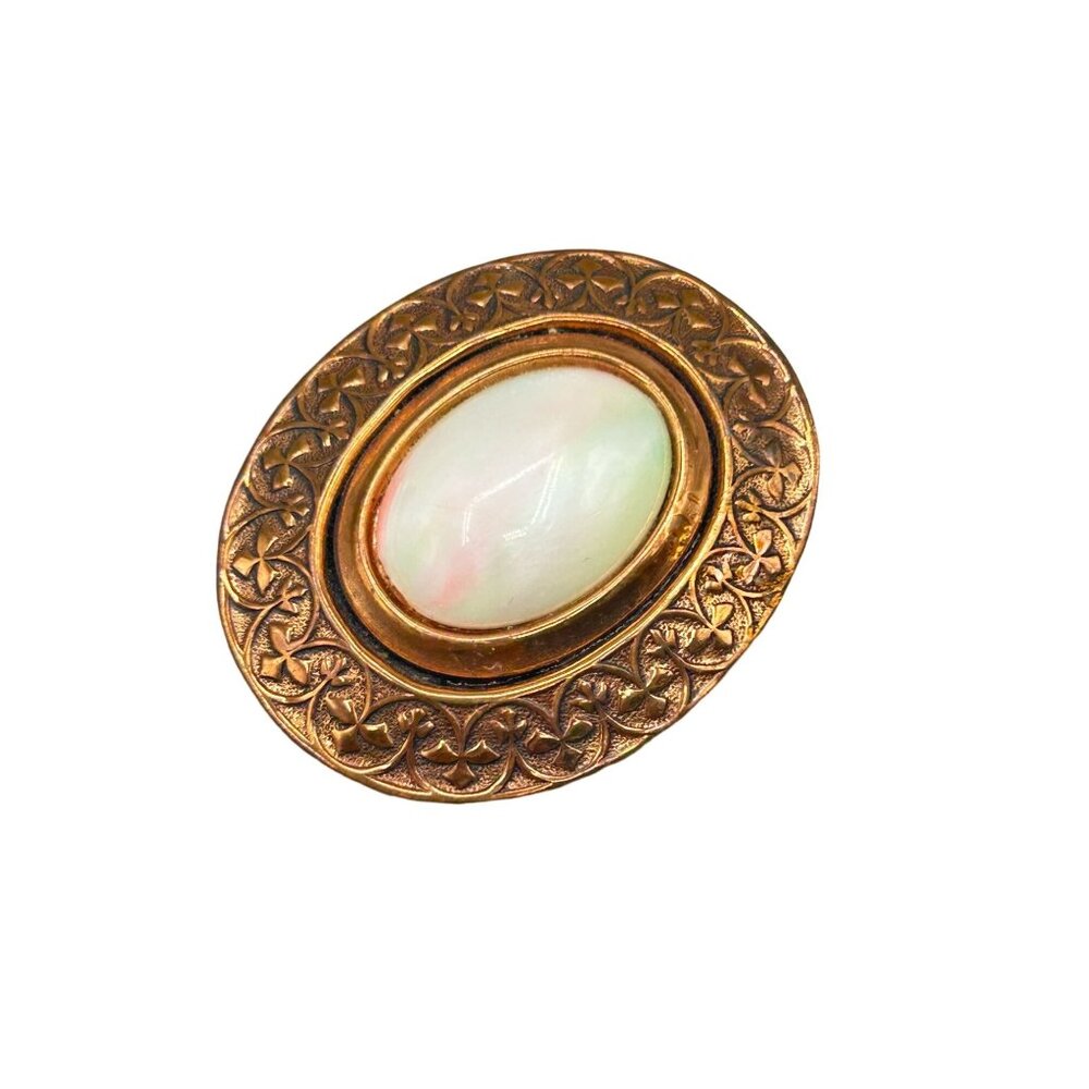 Vintage Copper Oval Brooch with Ornate Design & Faux Mother of Pearl Center